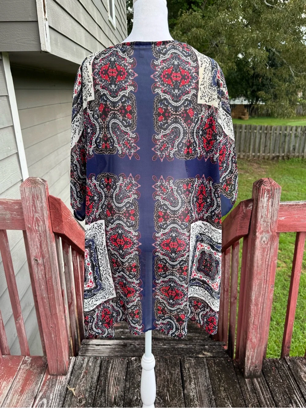 Maurice’s Boho Paisley Open Front Kimono Navy Red & Cream Layering Romantic L/XL